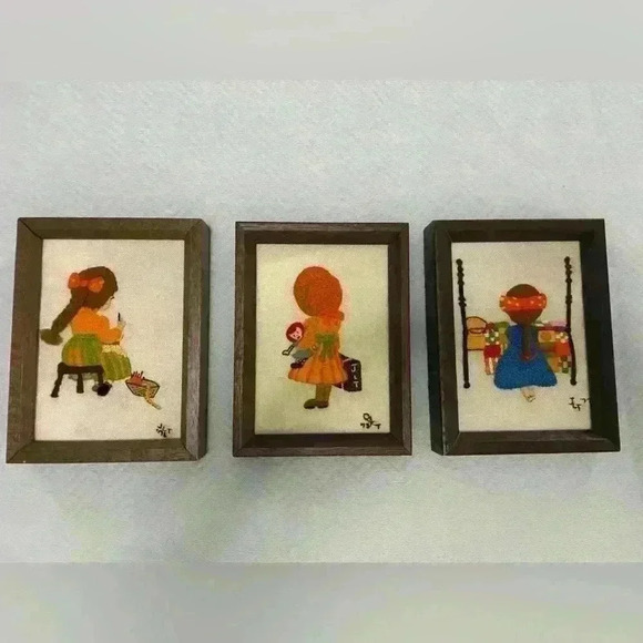Jiffy Stitchery Hand Embroidered Wall Decor Boho Chic 1970's Set Of 3. - Picture 1 of 7